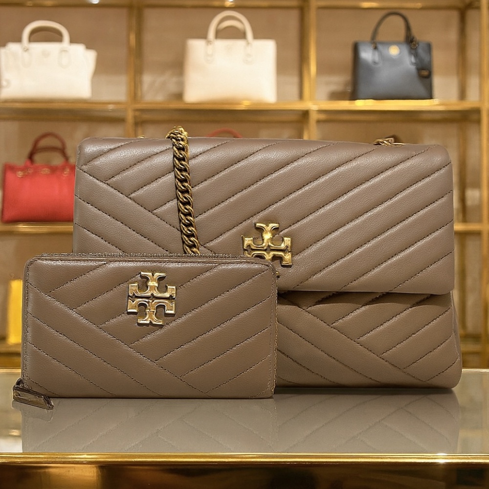 NEW Tory Burch Kira Chevron Classic Taupe Convertible Shoulder Bag + Long Wallet